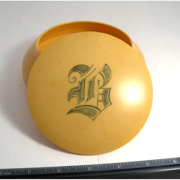 Vintage Yellow Celluloid Vanity Powder Jar/Trinket Box W/ Monogrammed Lid *Rare* - Picture 7 of 8